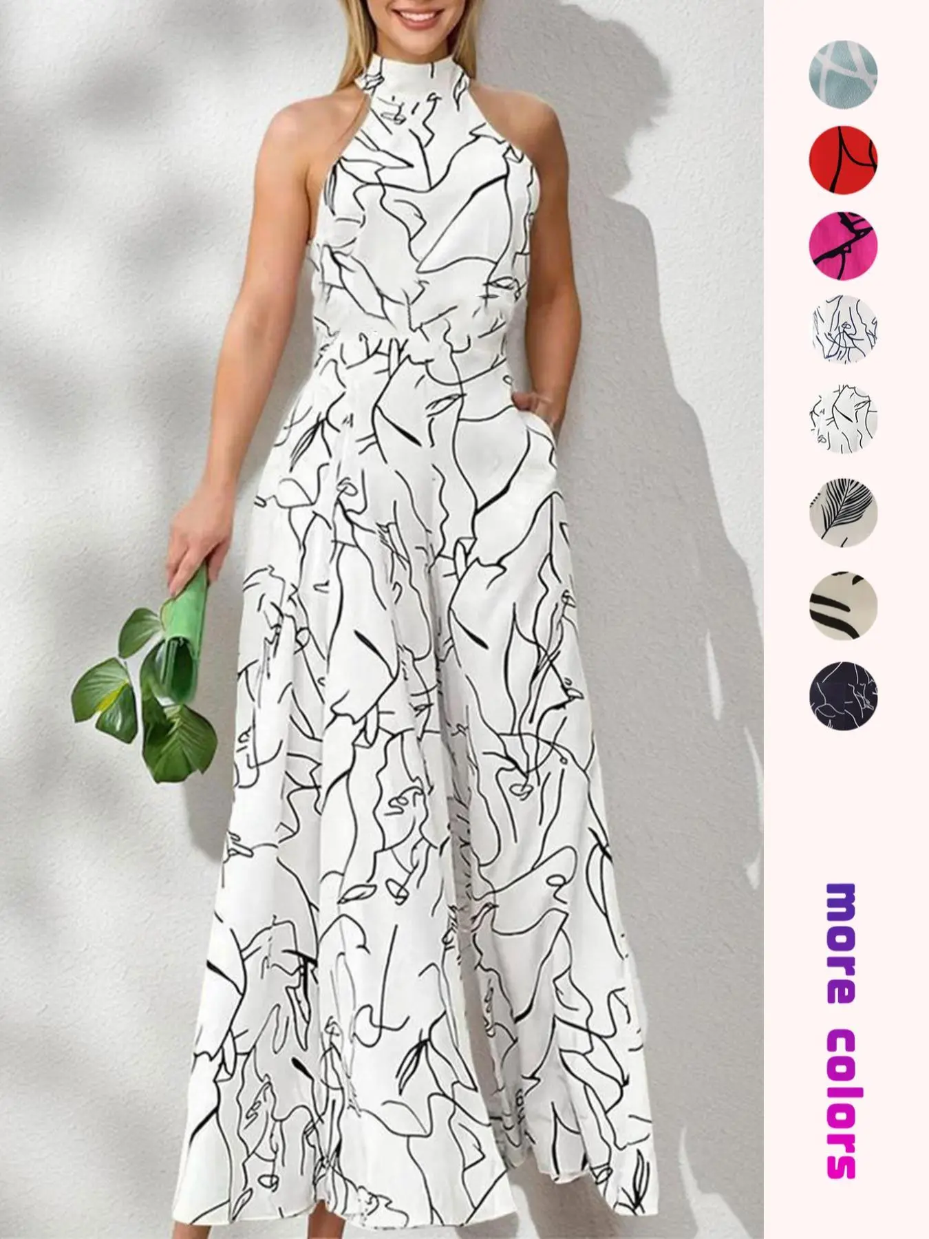 Women's All Over Print Pocket Tie Back Halter Jumpsuit