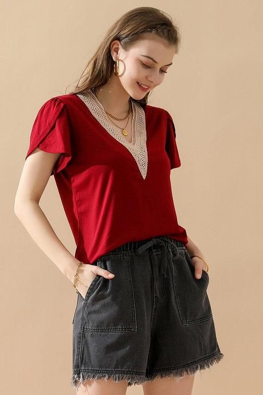 Gold Lace V Neck Ruffle Short Sleeve Top