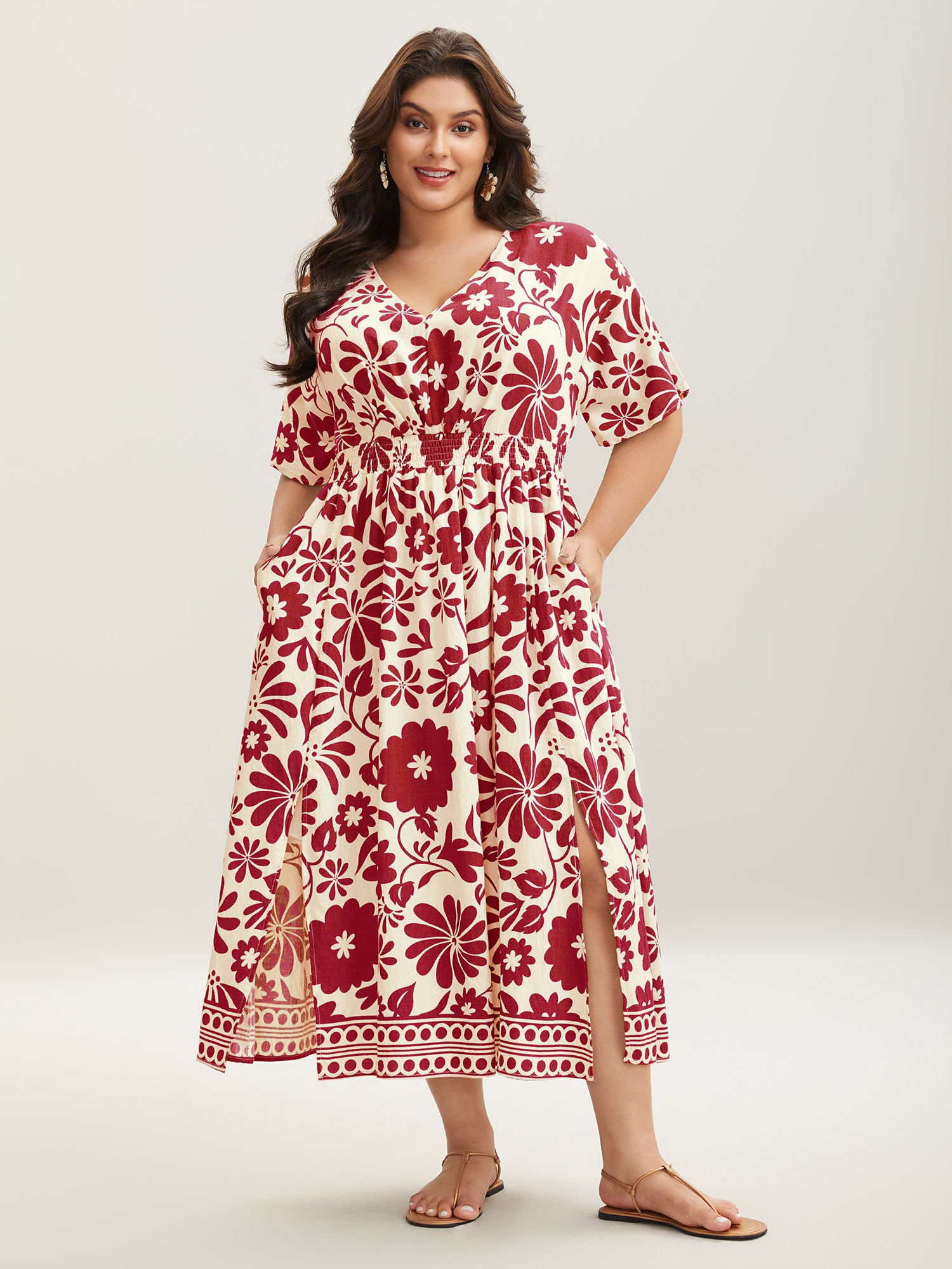 Large Floral Print Pockets Midi Dress
