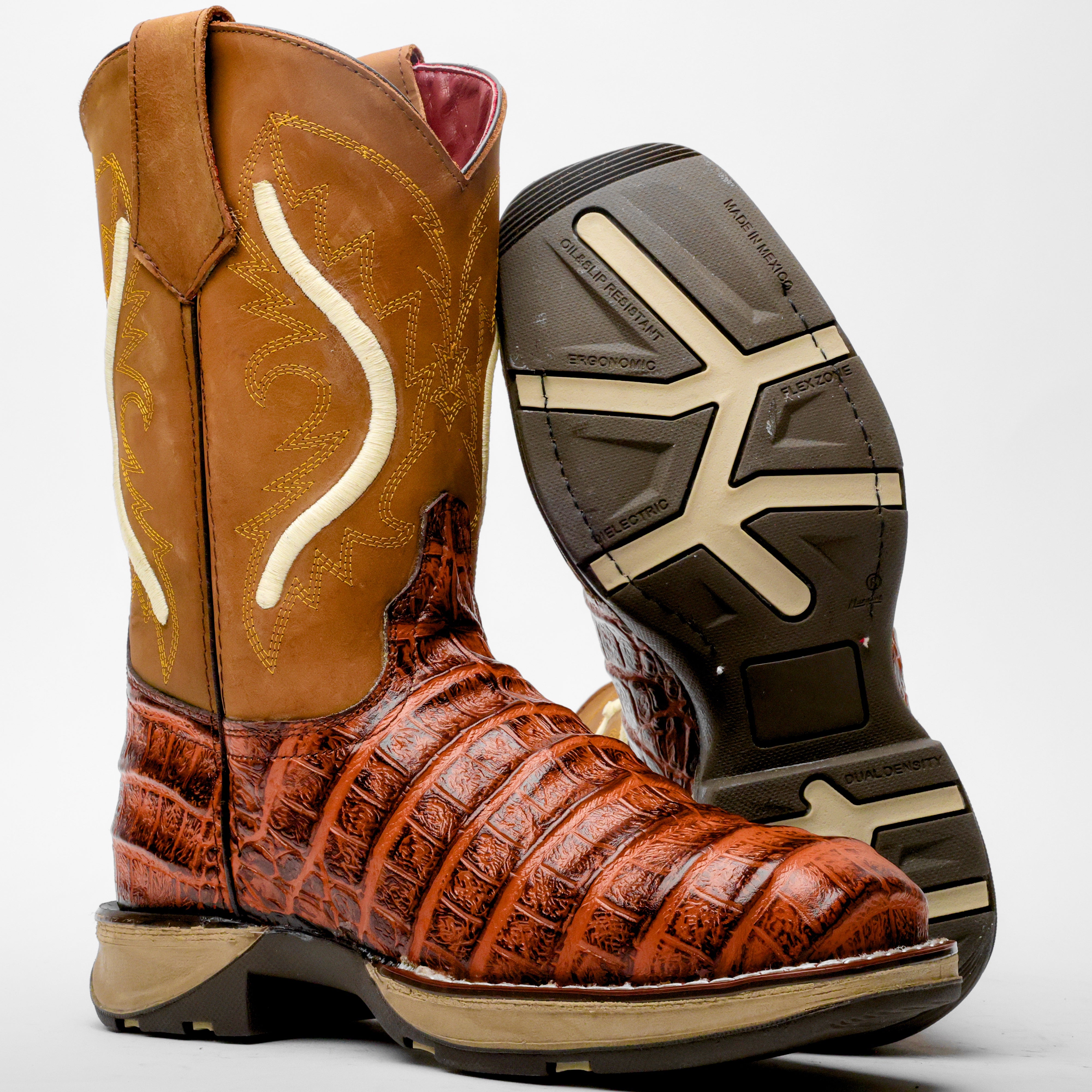 Cognac Caiman Belly Leather Boots With 3D Lightweight Sole - Composite Toe