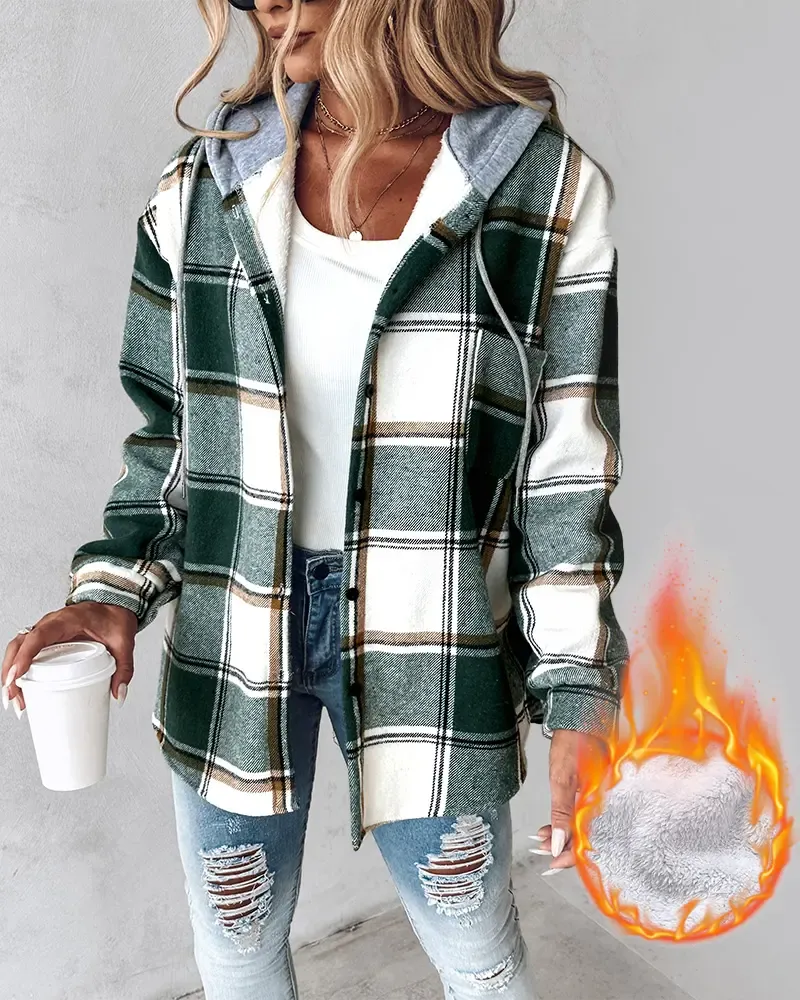 Plaid Pattern Long Sleeve Shacket Button Down Fleece Lined Hooded Jackets Warm Coat
