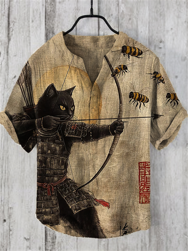 Men's Black Cat Tribal Warrior Japanese Kyudo V Neck Short Sleeve Shirt