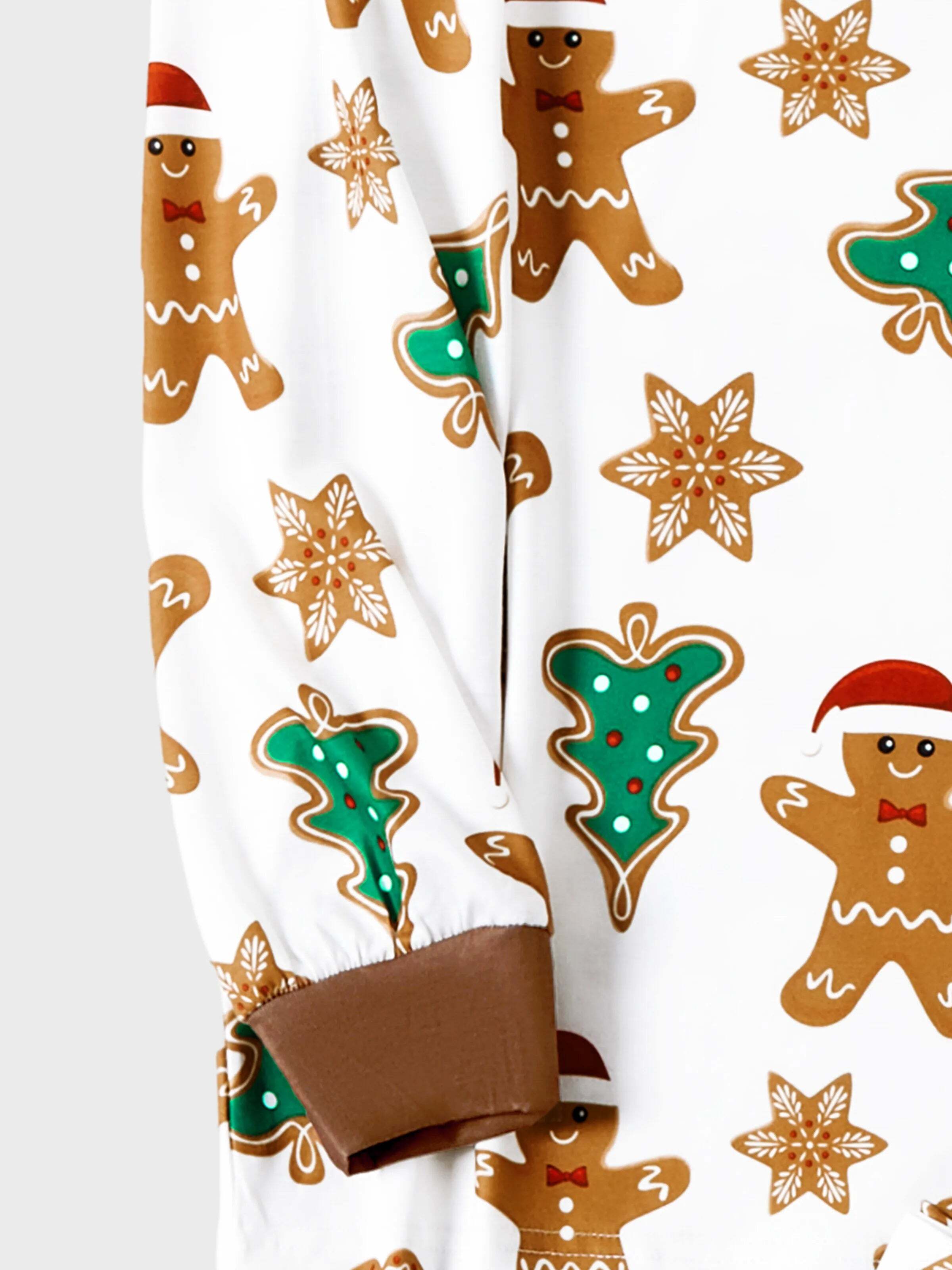 Christmas Family Matching Cartoon Gingerbread Man and Tree All-over Print Long-sleeve Pajamas Sets with Christmas Socks Coffee