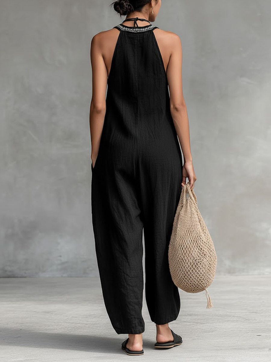 Women's Solid Color V-Neck Halter Neck Sleeveless Casual Loose Cotton Linen Wide-Leg Jumpsuit