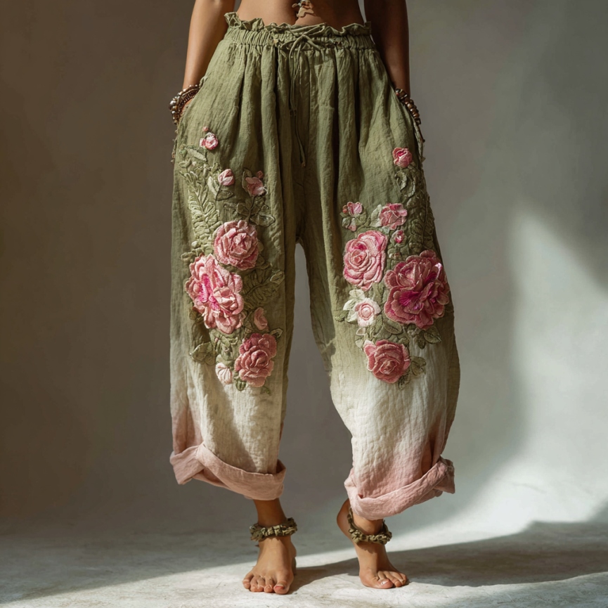 Vintage Pink Roses Embroidered Gradient Linen Pants