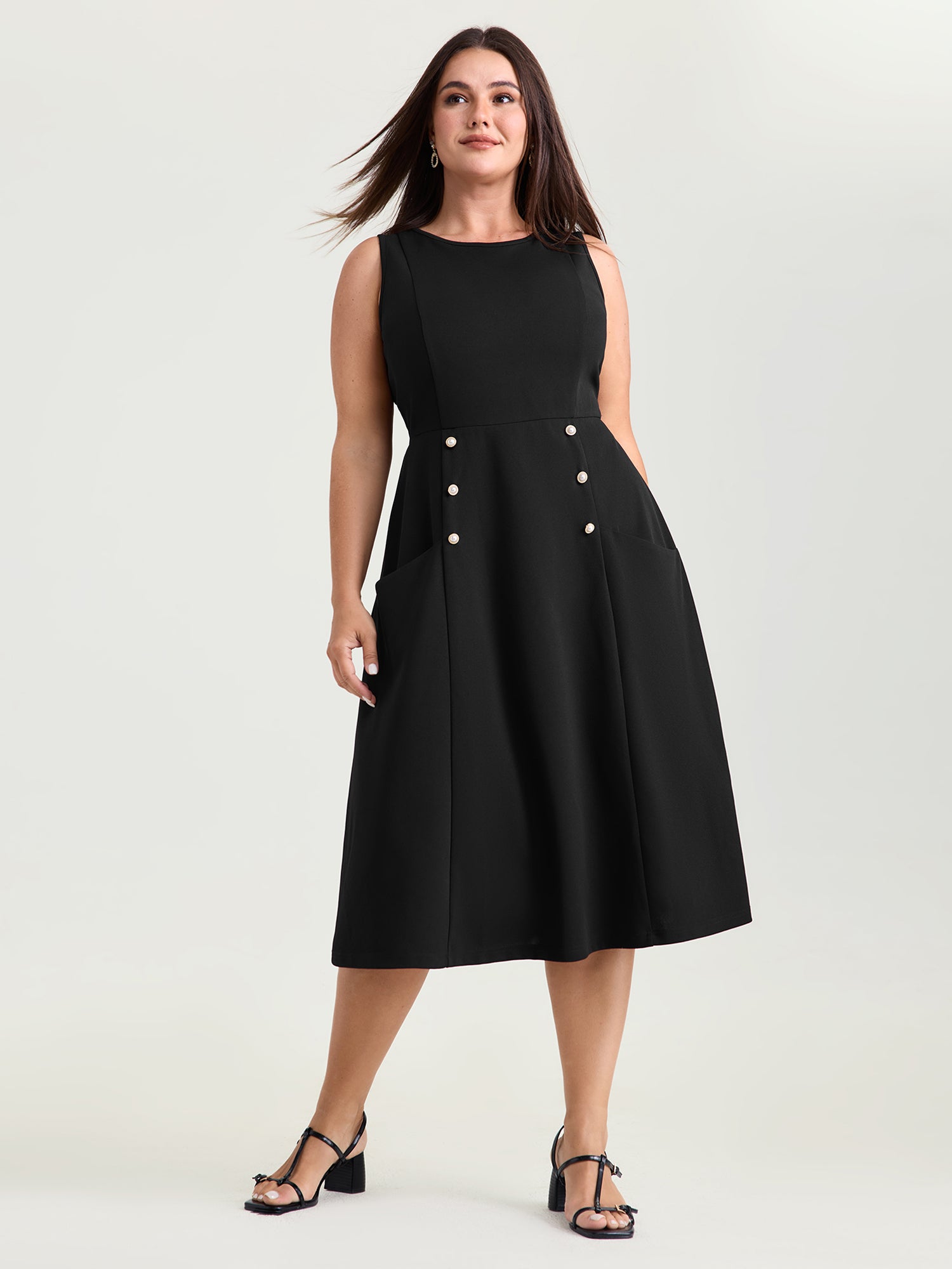 Stretchy Button Detail Fit And Flare Midi Dress