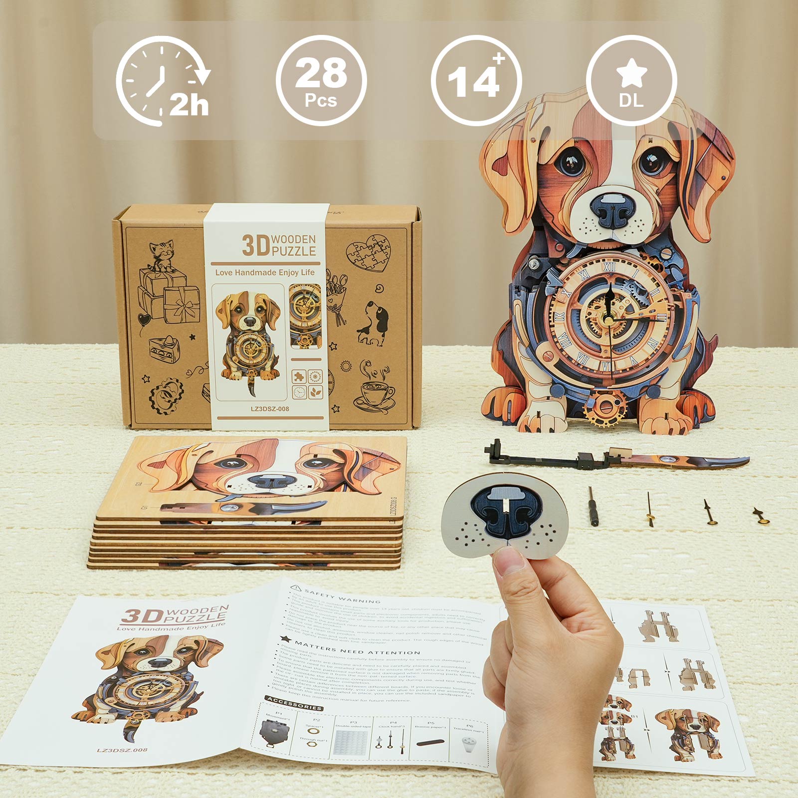 Cute Beagle â€“ DIY Wooden Clock , 3D Puzzle Craft Kit
