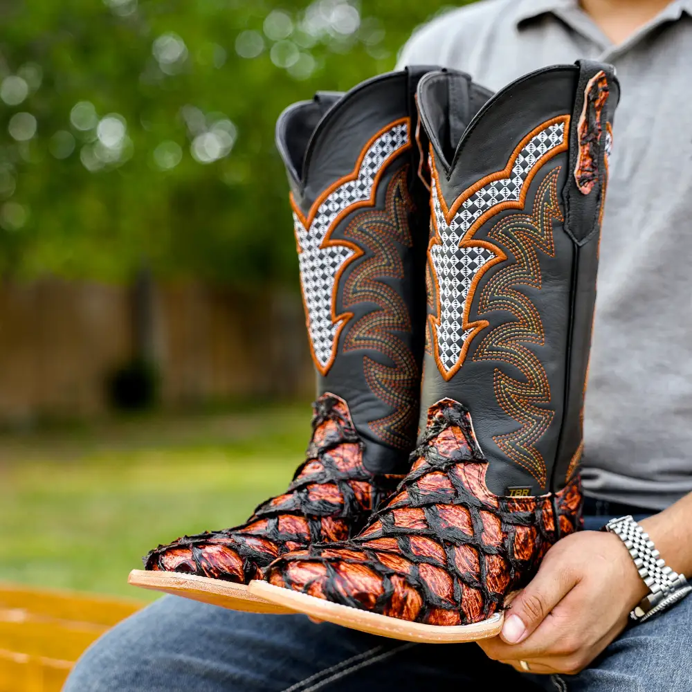 Cognac Jumbo Pirarucu Leather Boots - Square Toe