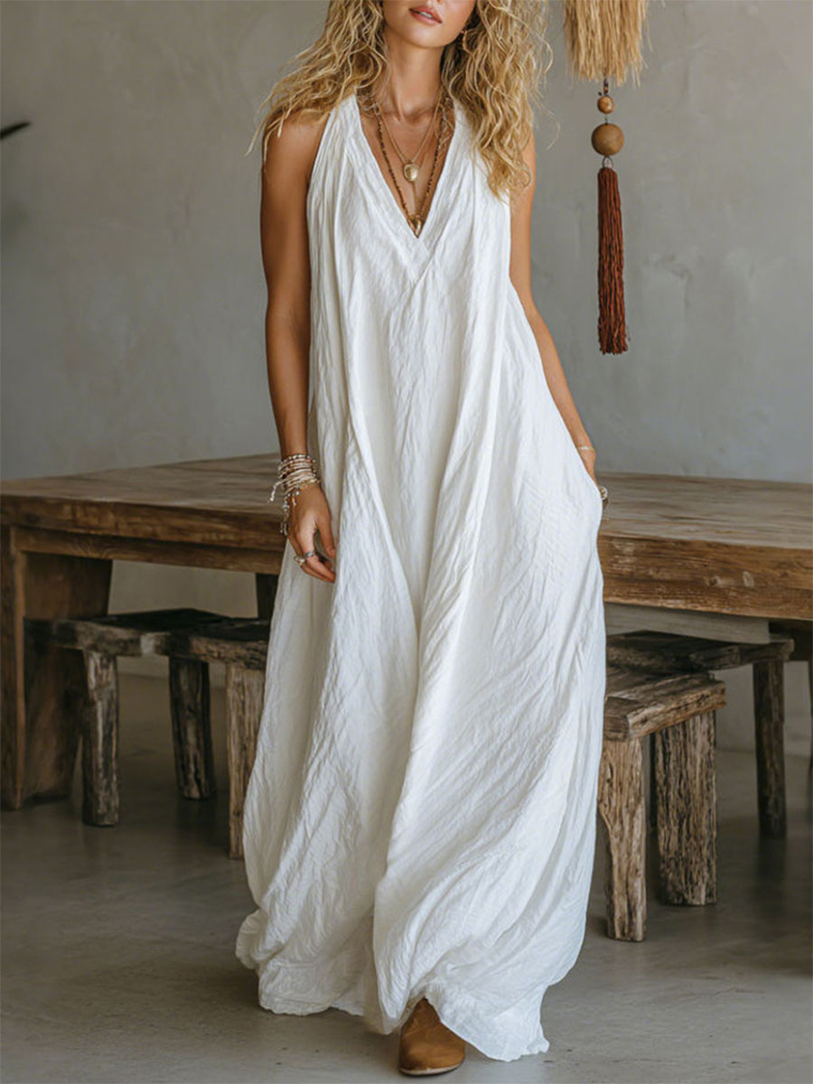 Women's Casual Sleeveless Loose Pocket Vest Long Dress