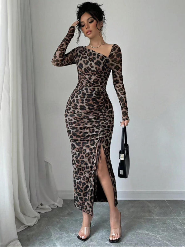 New Women's Round Neck Long Sleeve Leopard Print High Waist Hottie Dress