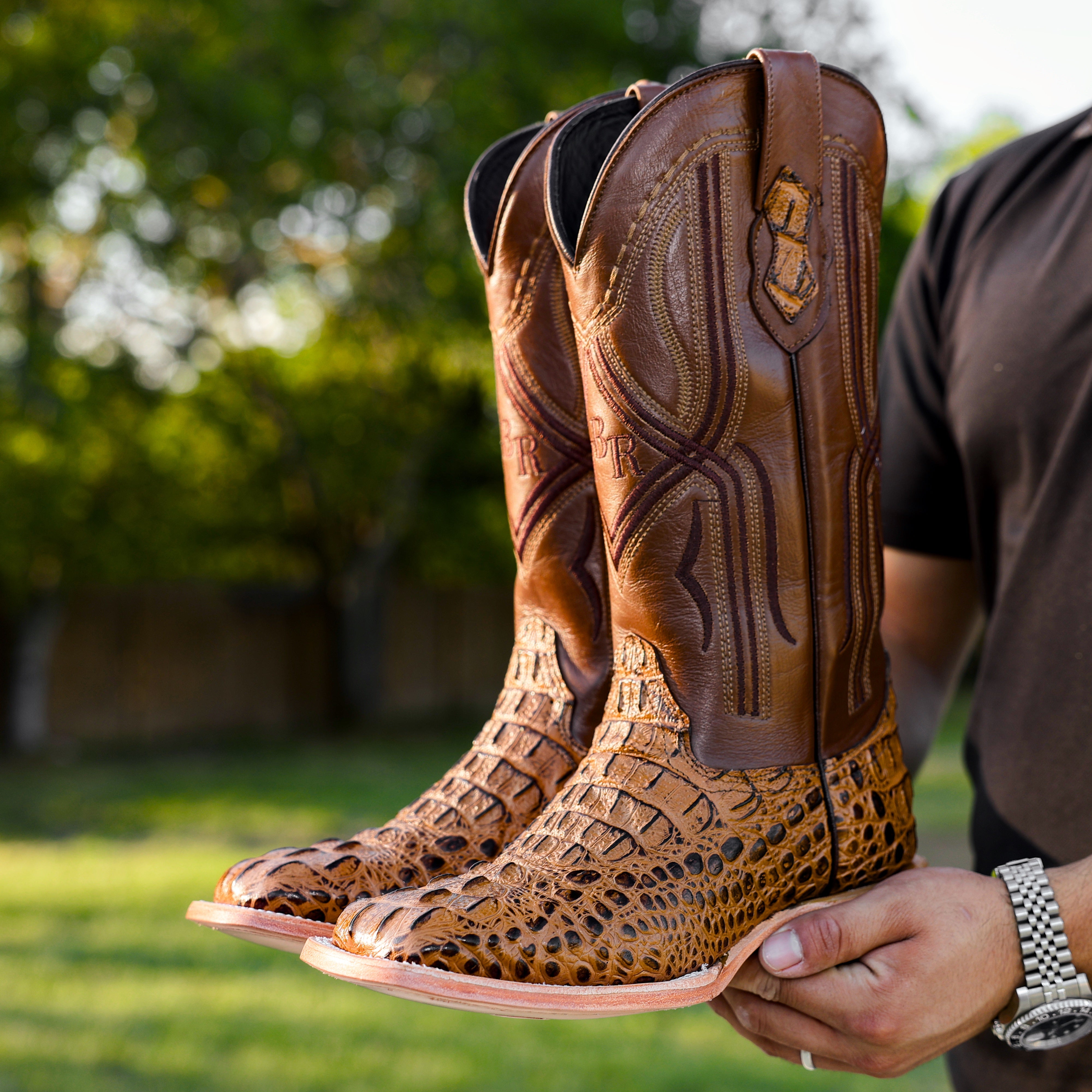 Honey Caiman Neck Leather Boots - Square Toe