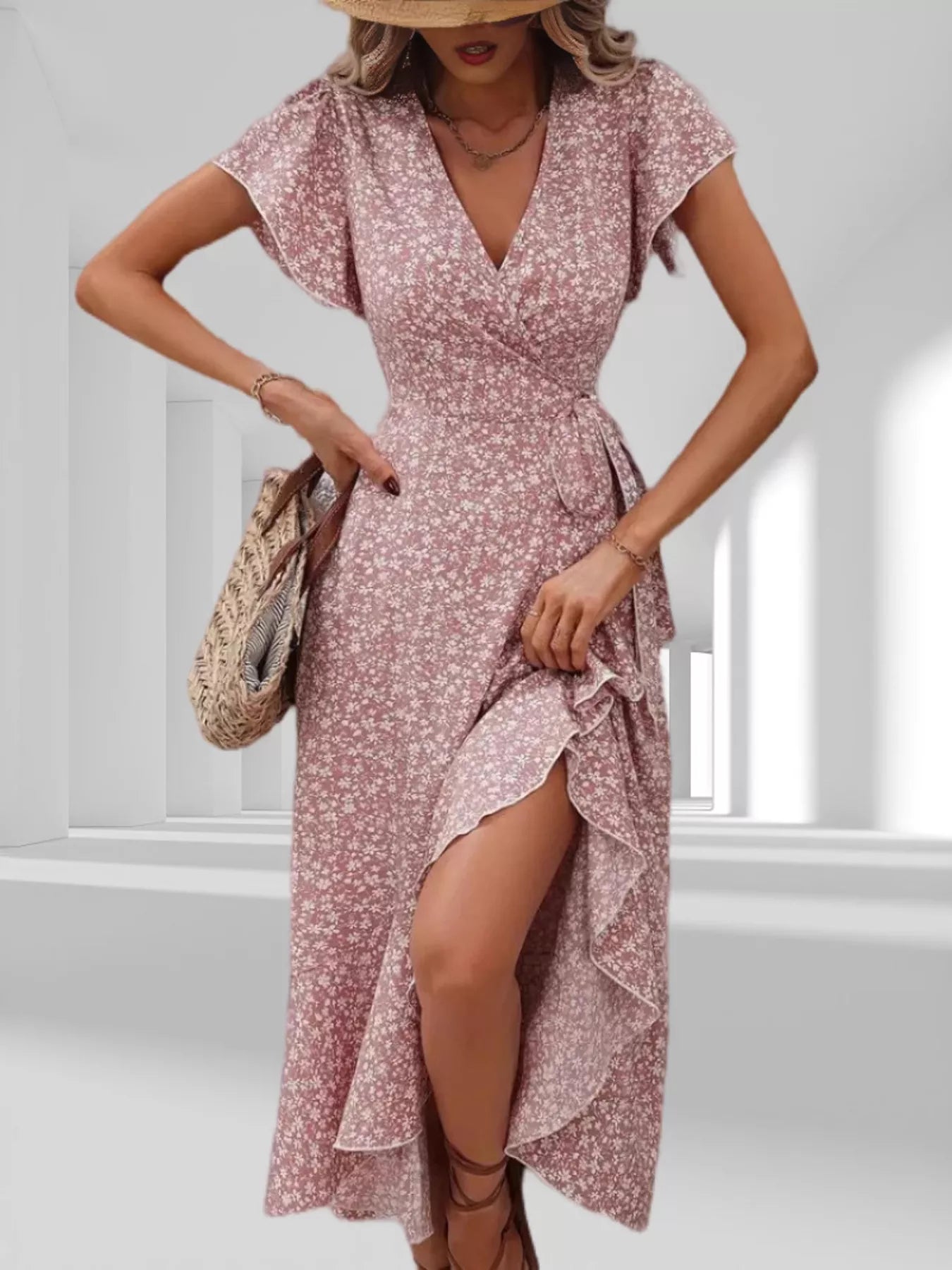 Floral Print Ruffle Hem Wrap Midi Dress