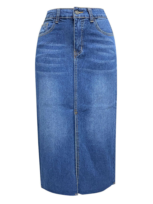 Front Slit Denim High Waist A Line Midi Skirt