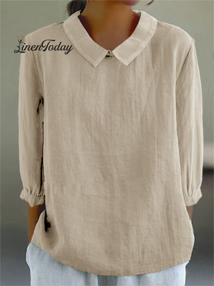 Women's Solid Color Casual Cotton And Linen 3/4 Sleeve Shirt