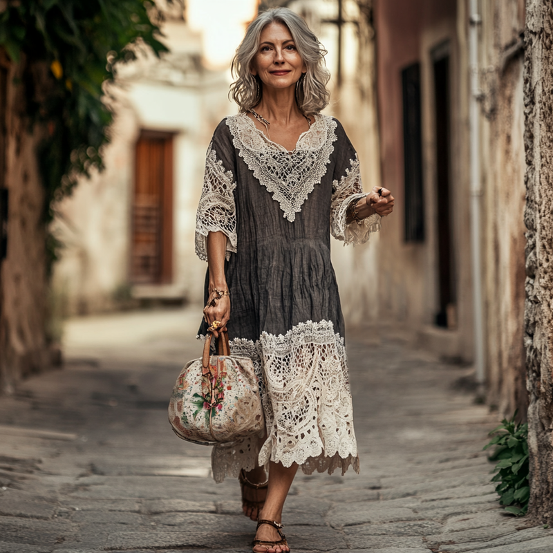 Vintage Loose Linen Patchwork Dress 9276