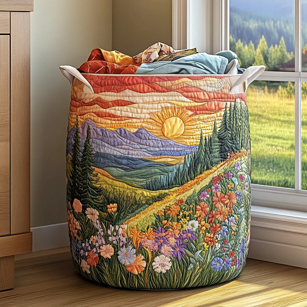 Bright Meadow Quilted Laundry Basket  | sun  flowers