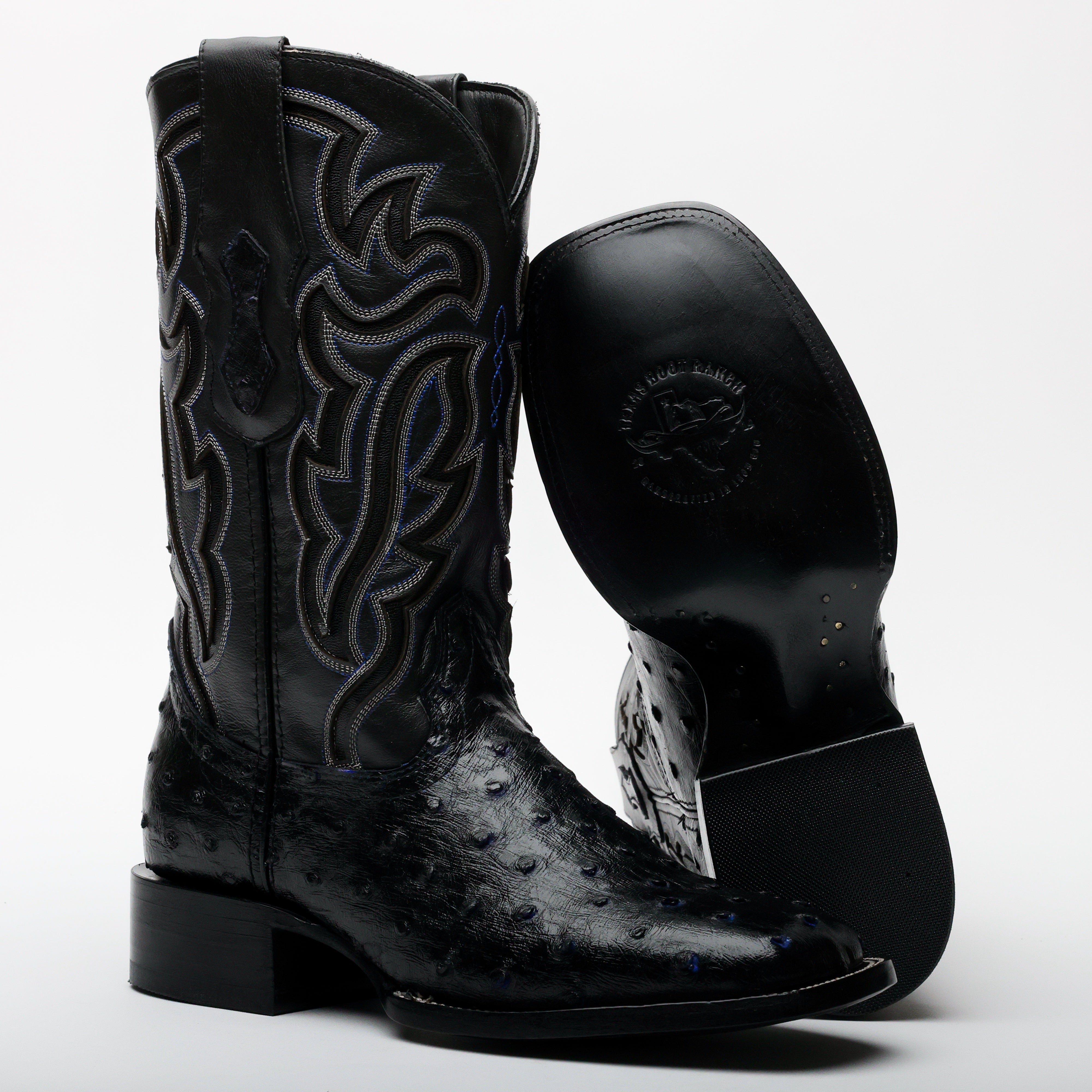 Black/Blue Ostrich Leather Boots - Square Toe