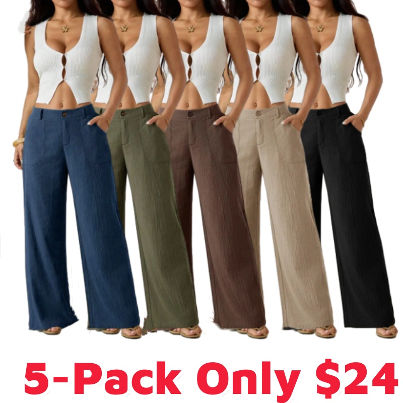 Women's Classical Linen Palazzo Pants Summer Flowy Wide Straight Leg Beach Trousers With Pocket Casual Solid Color Soft Elastic High Waist Lounge Pants Travel Vacation Bottoms Date Brunch Home Work Streetwear Outfit