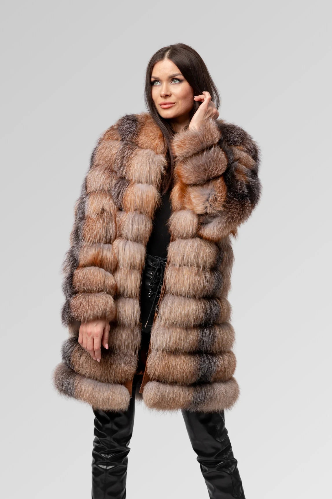 Haină din Blană Naturală de Vulpe Argintie, Transformabilă 6 în 1, Femei, Brown Frost 241