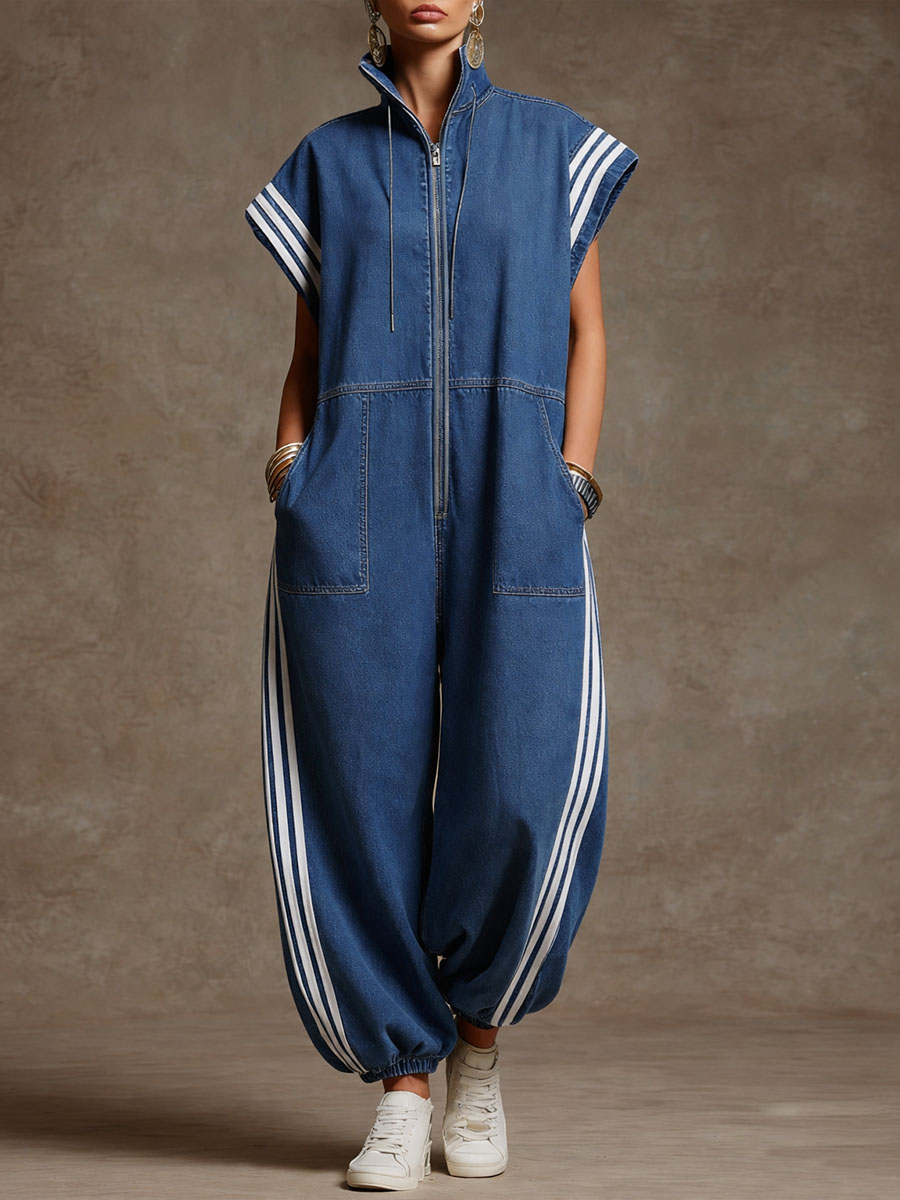 Women's Stand-collar Short-sleeved Casual Loose Denim Wide-leg Jumpsuit