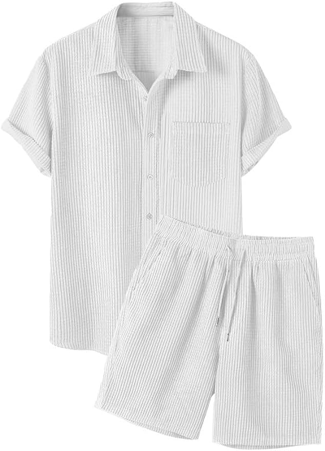 Men's 2 Piece Outfits Casual Button Down Short Sleeve Shirts Shorts Summer Beach Sets