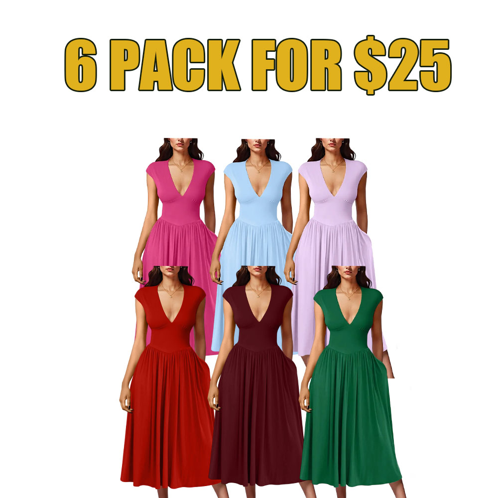 Women's Summer Deep V-Neck Cap Sleeve Pleated A‑Line Midi Dress with Pockets