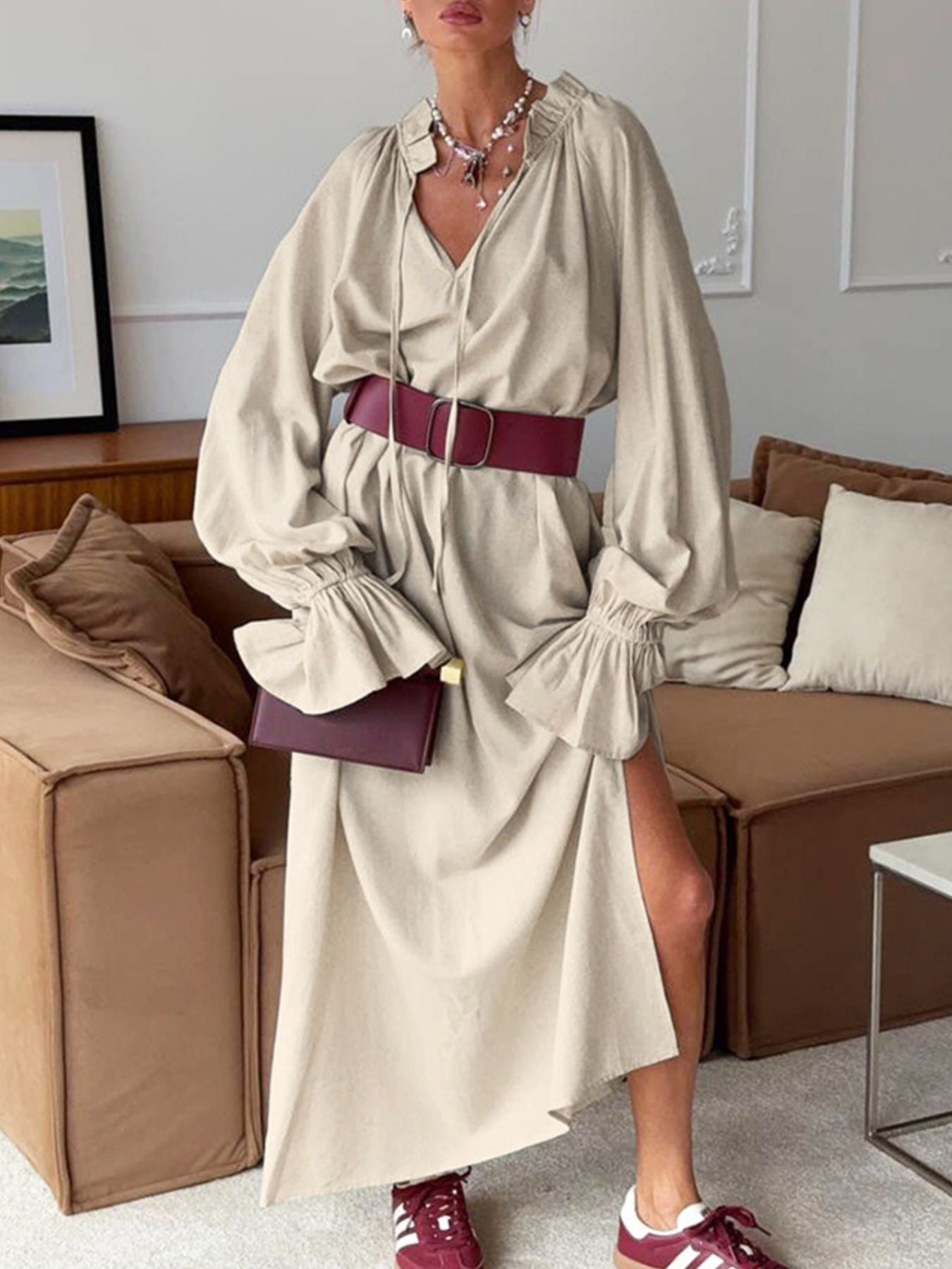 Tie Neck Flounce Sleeve Maxi Dress