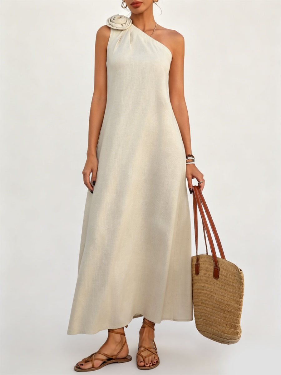 Women's French-style 3d Floral Embellished Off-shoulder Sleeveless Dress