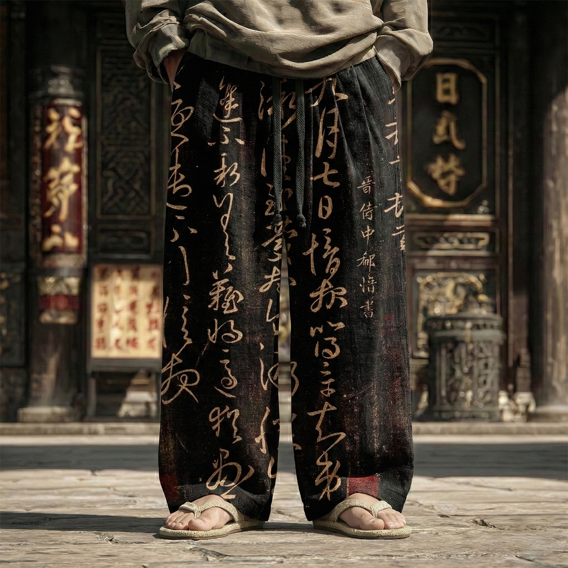 Men's Vintage Calligraphy Art Print Casual Linen Blend Pants