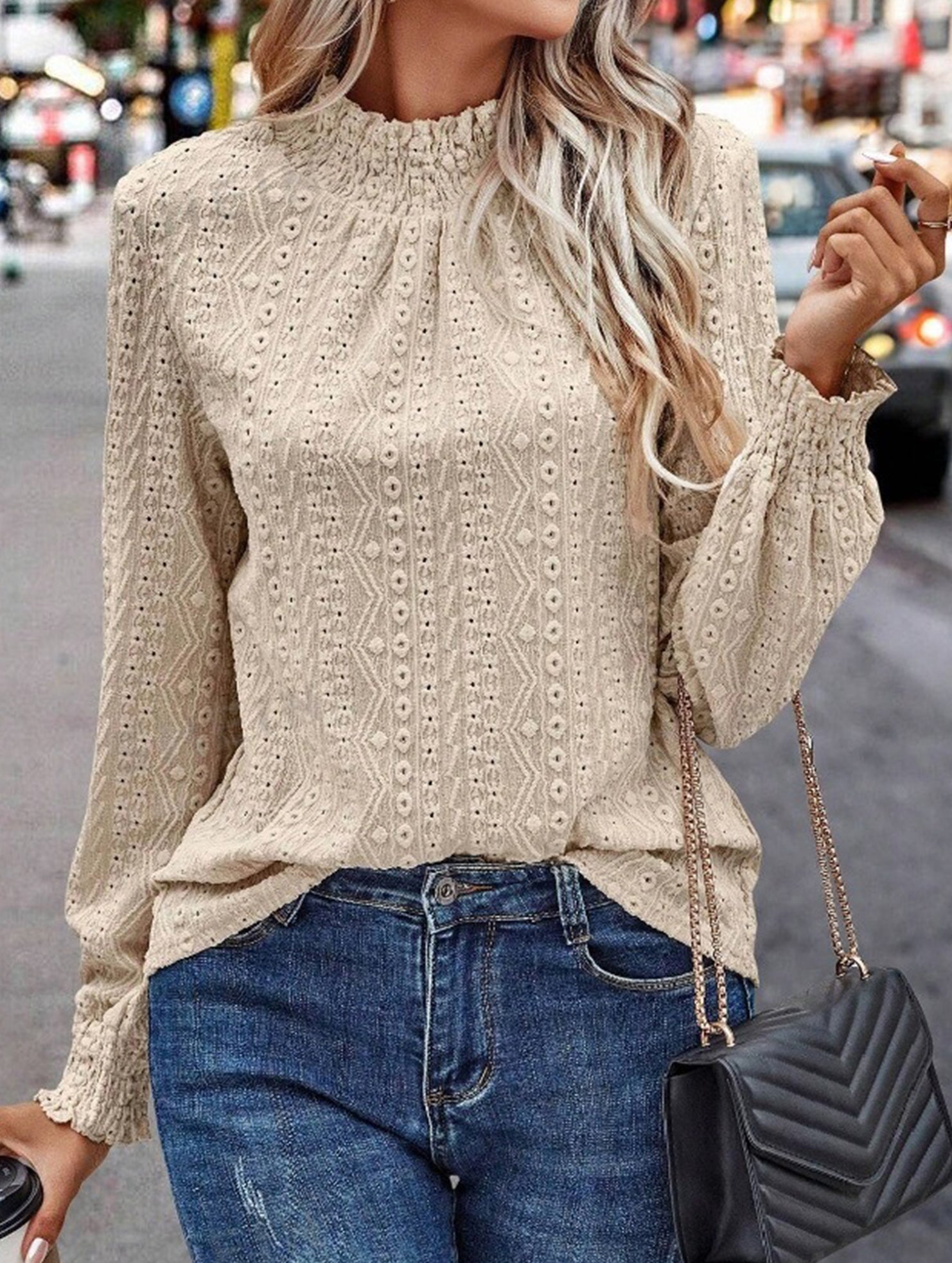 Jacquard Crew Neck Long Sleeve Tee_CWTTL01230