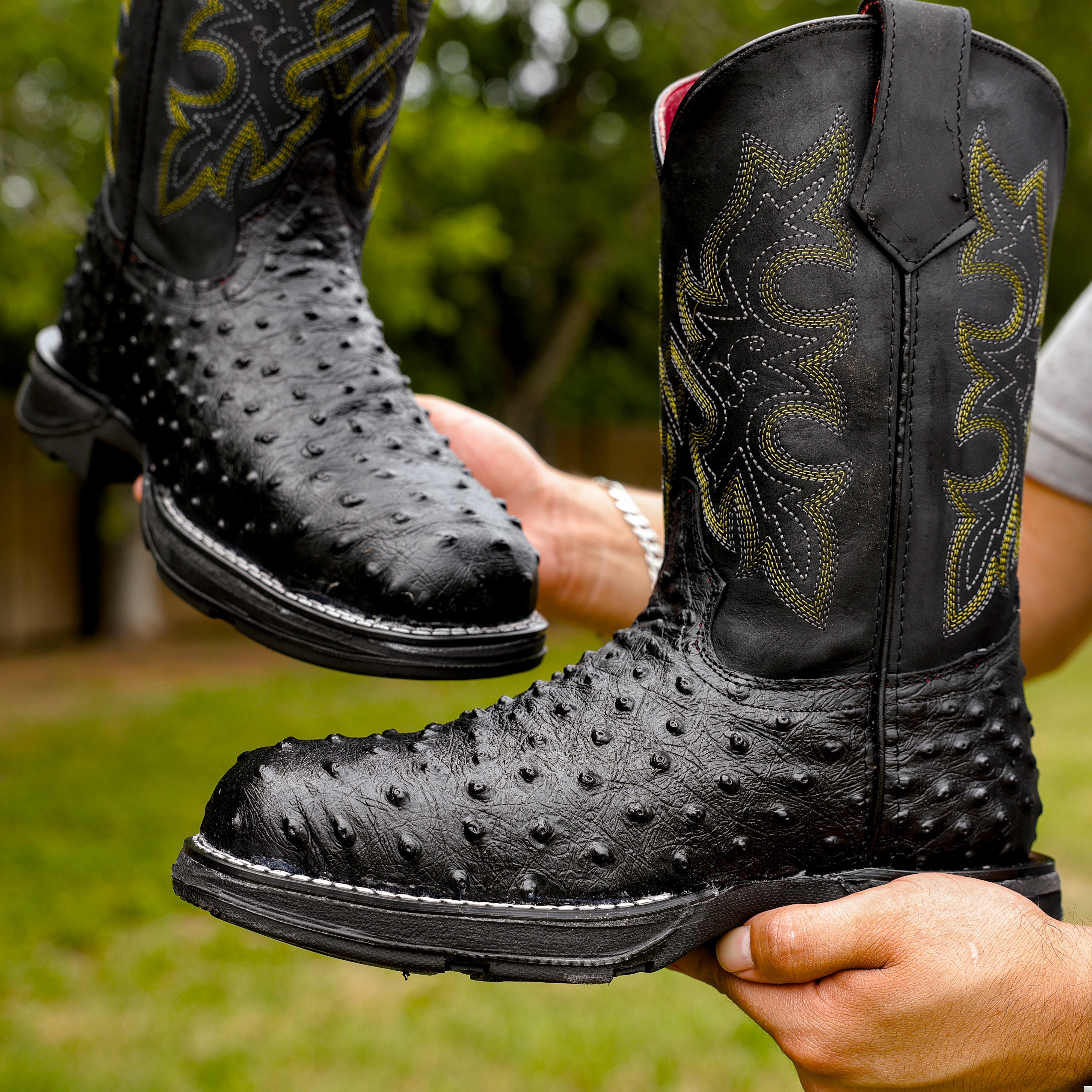 Black Ostrich Leather Boots With 3D Lightweight Sole - Composite Toe