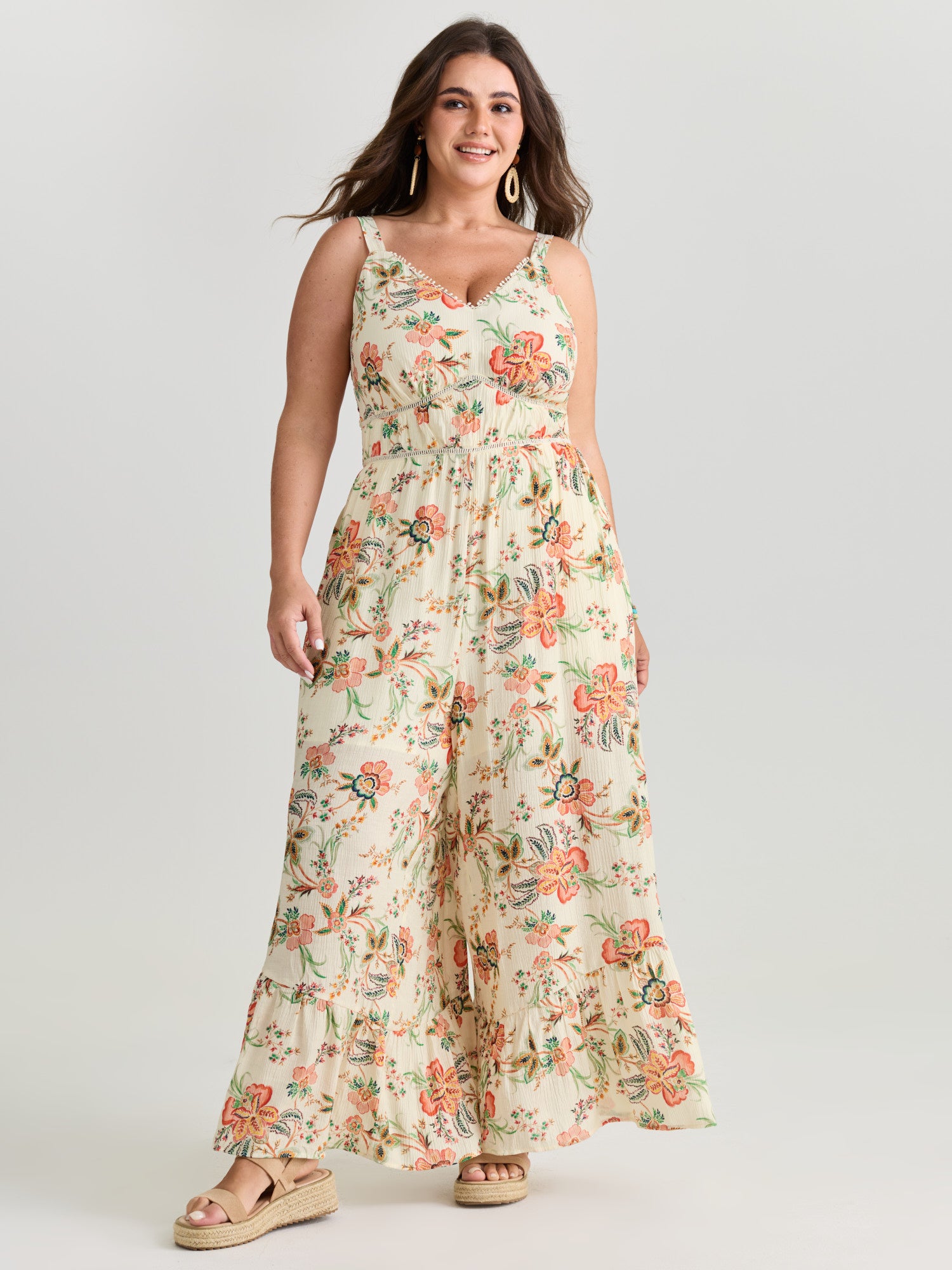 Floral Lace Trim Cinched-Waist Jumpsuit