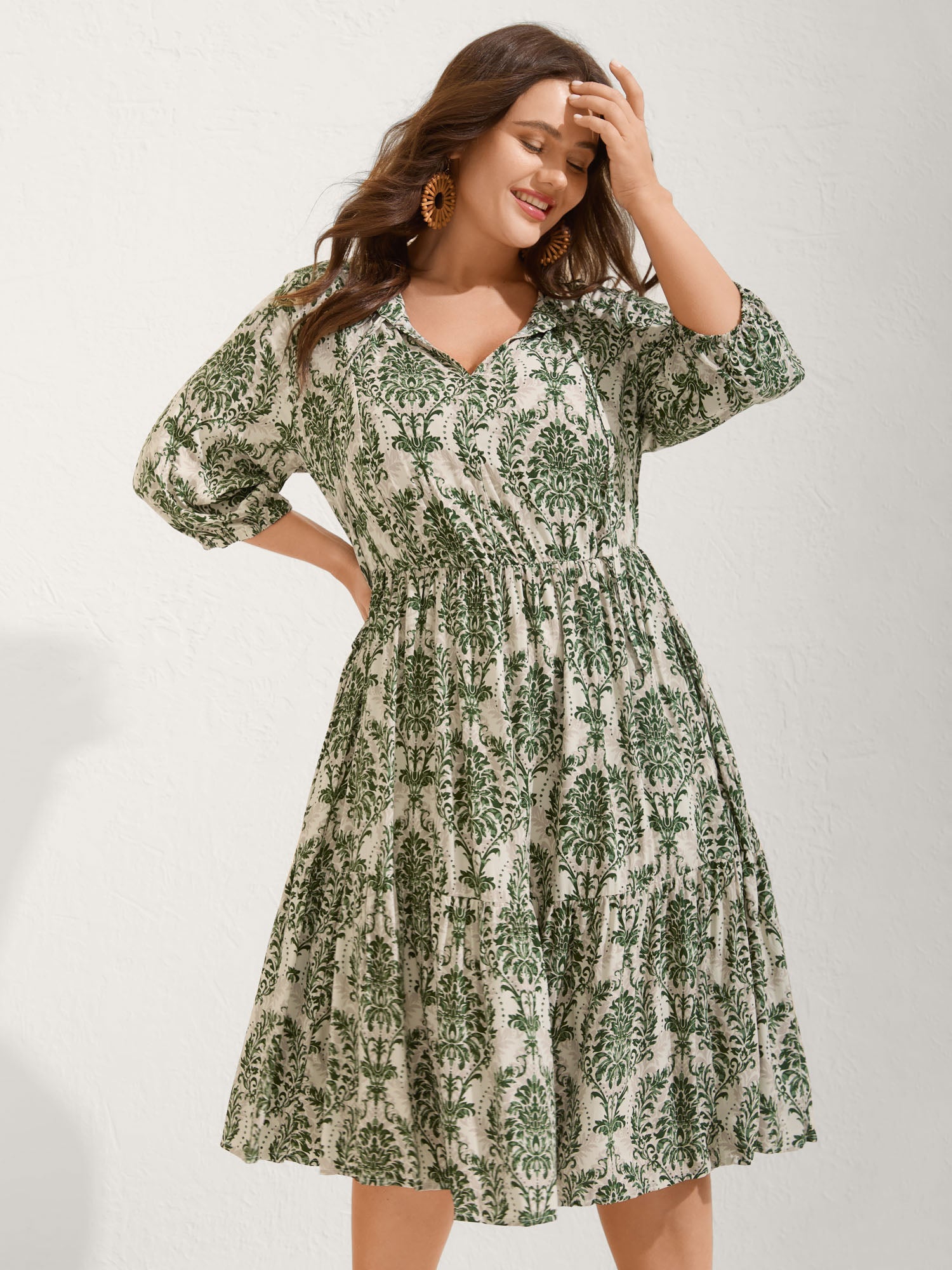 Damask Print Tie Knot Puff Sleeve Dress