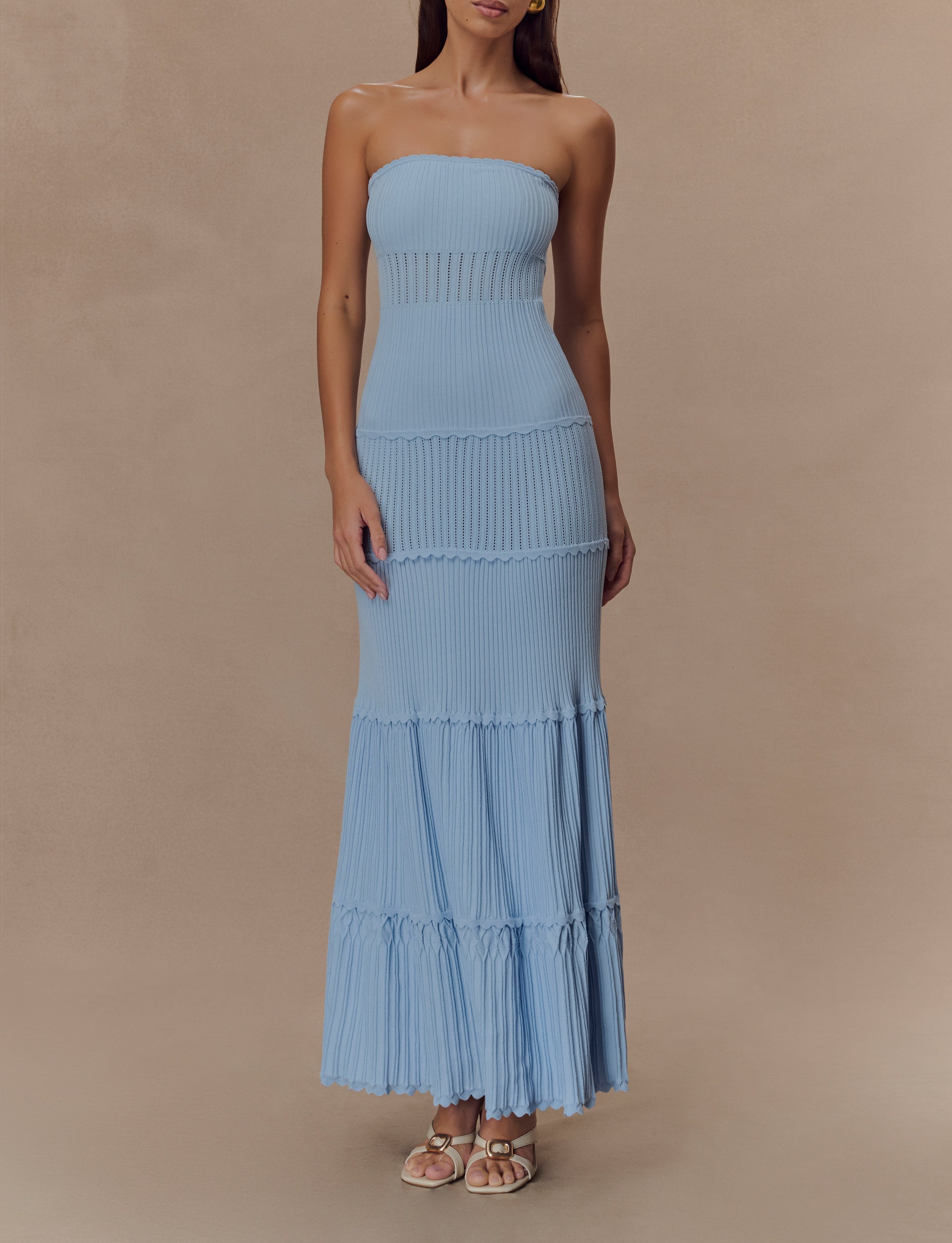 Blue Pointelle Knit Maxi Dress