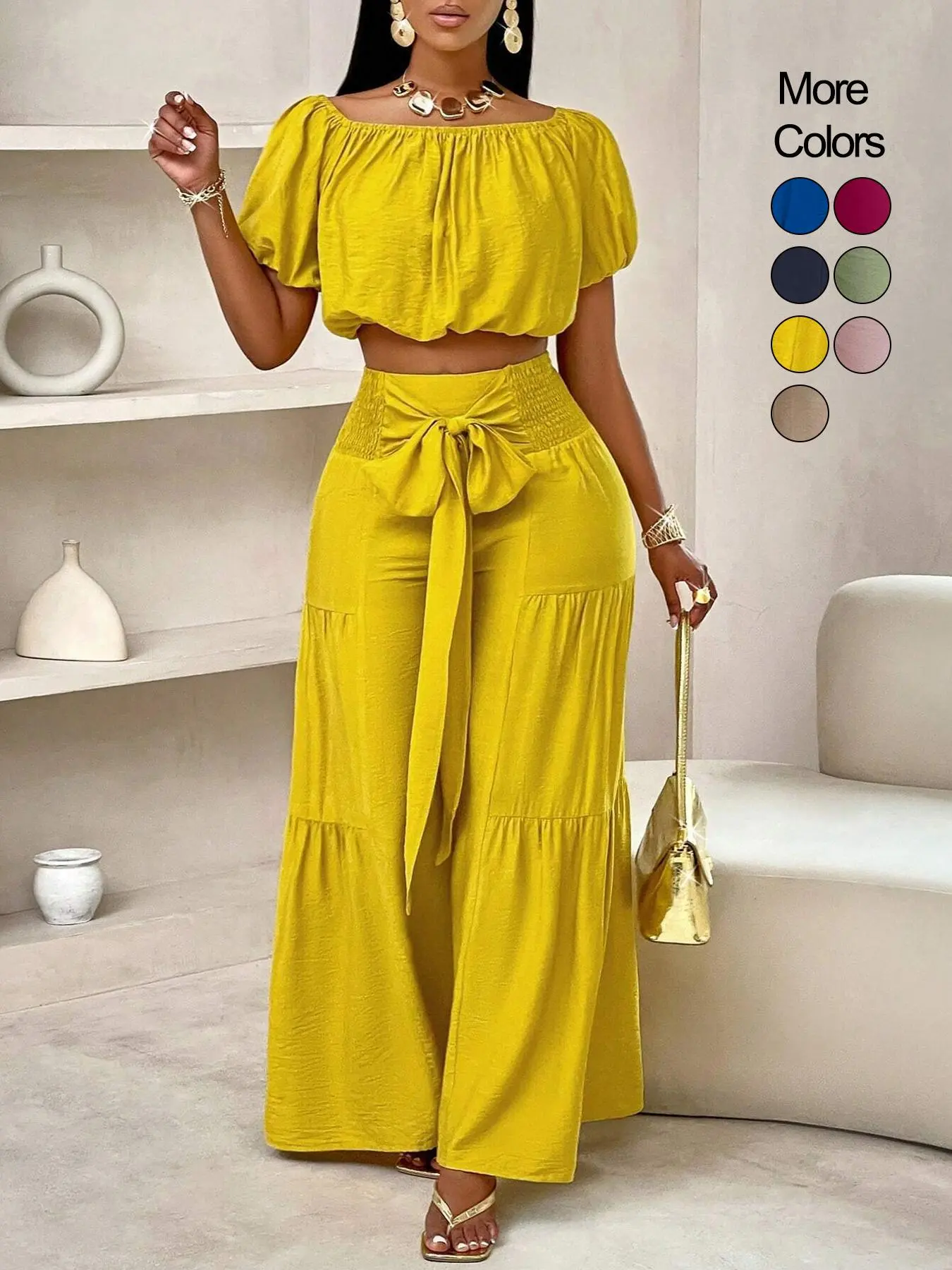 Summer Beach Vacation Bow Shoulderless Round Neck Shirt Wide Leg Pants Set