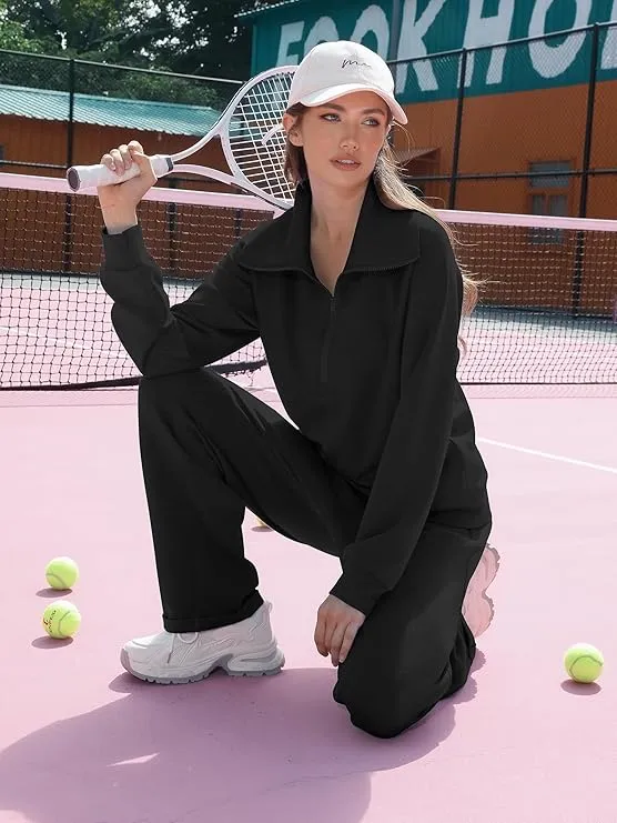 Women's Casual Set 2025 Collection Half-Zip Sweatshirt and Wide-Leg Pants