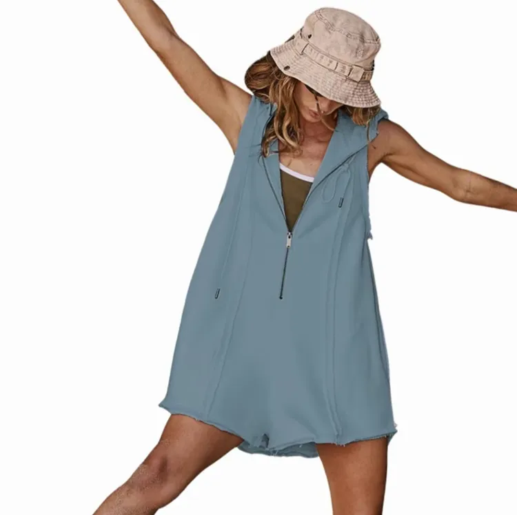 Women's Sleeveless Sports Jumpsuit with Half Zipper & Loose Hoodie