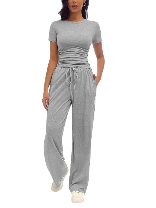 Women's Solid Round Neck Tee & Pants Loungewear