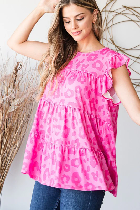 Tiered Leopard Round Neck Blouse with Ruffled Detail