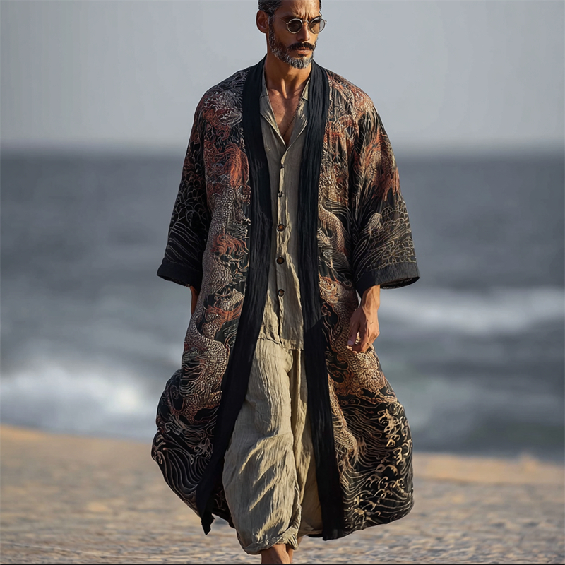 Men's Japanese Dragons Sea Waves Linen Long Kimono