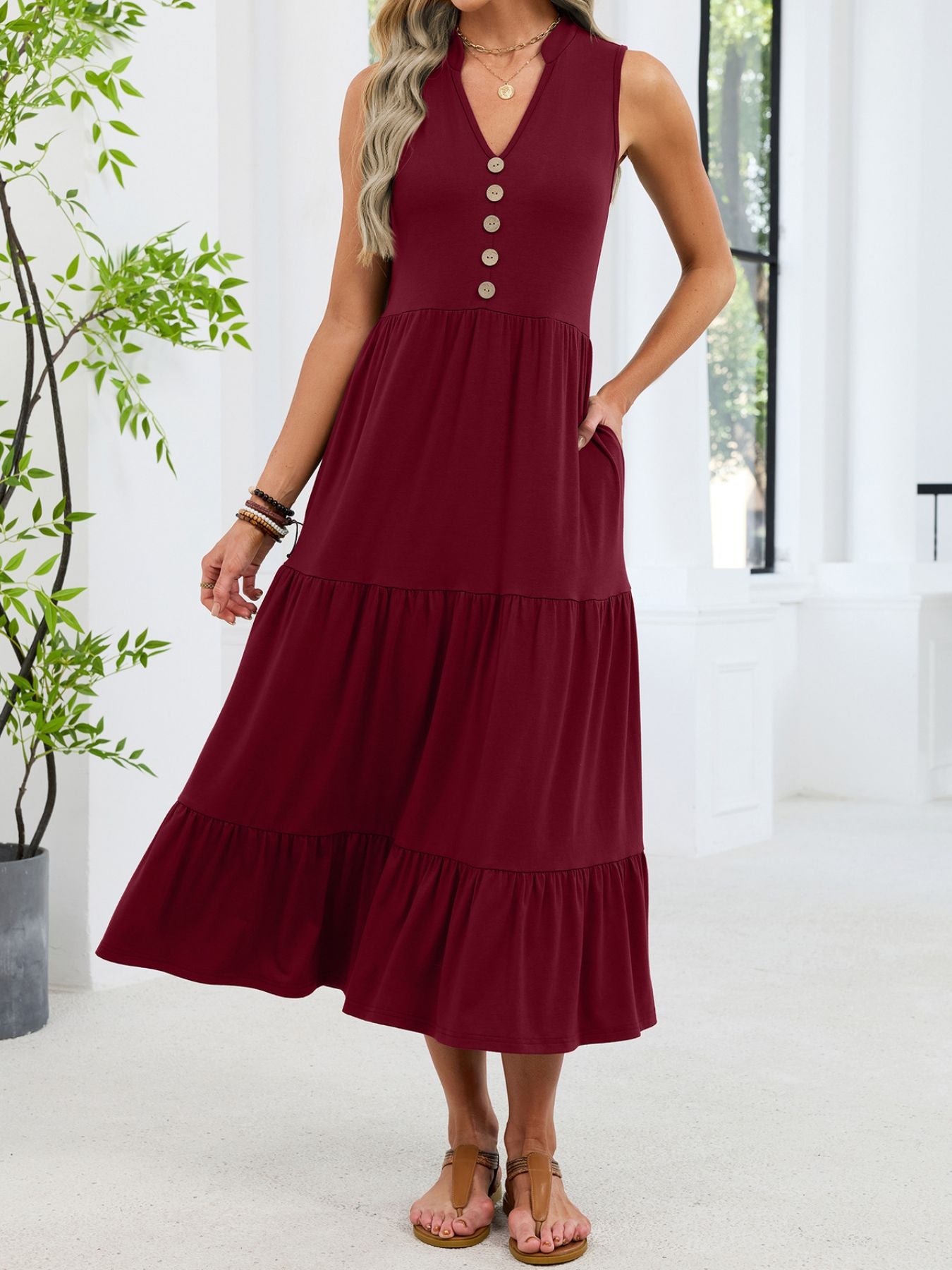 Ruffled Notched Tiered Midi Dress