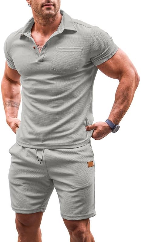 Mens 2 Piece Outfits Tracksuits Casual 1/4 Button Up Knit Polo Shirts and Drawstring Short Sets Summer Sweatsuits
