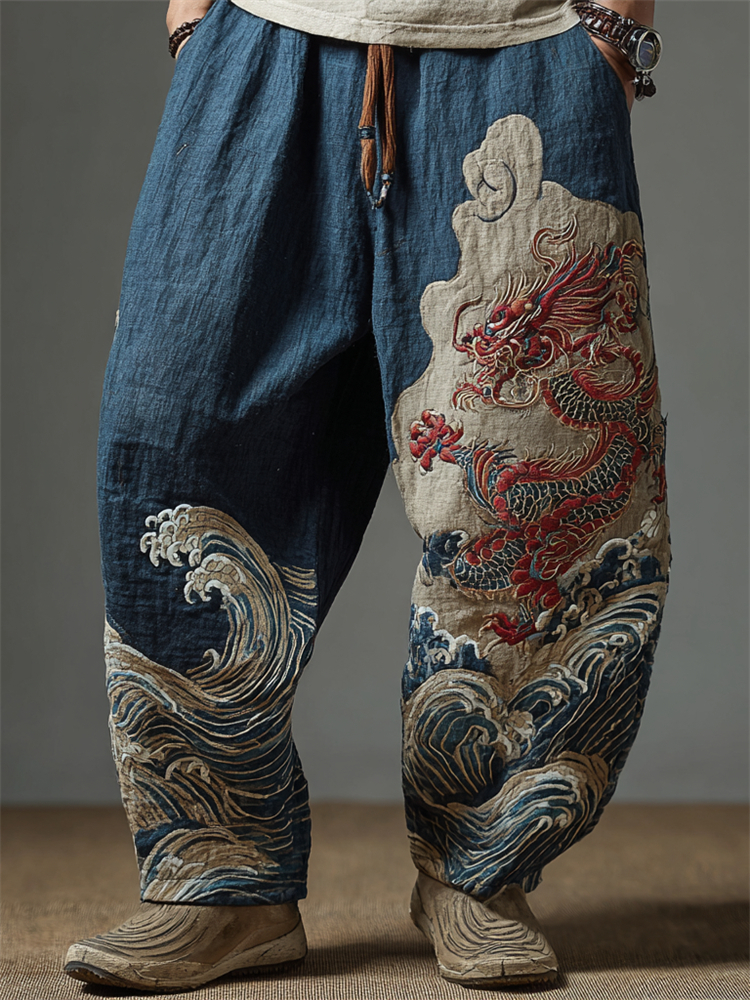Men's Japanese Dragon Sea Waves Embroidered Wide Leg Linen Pants
