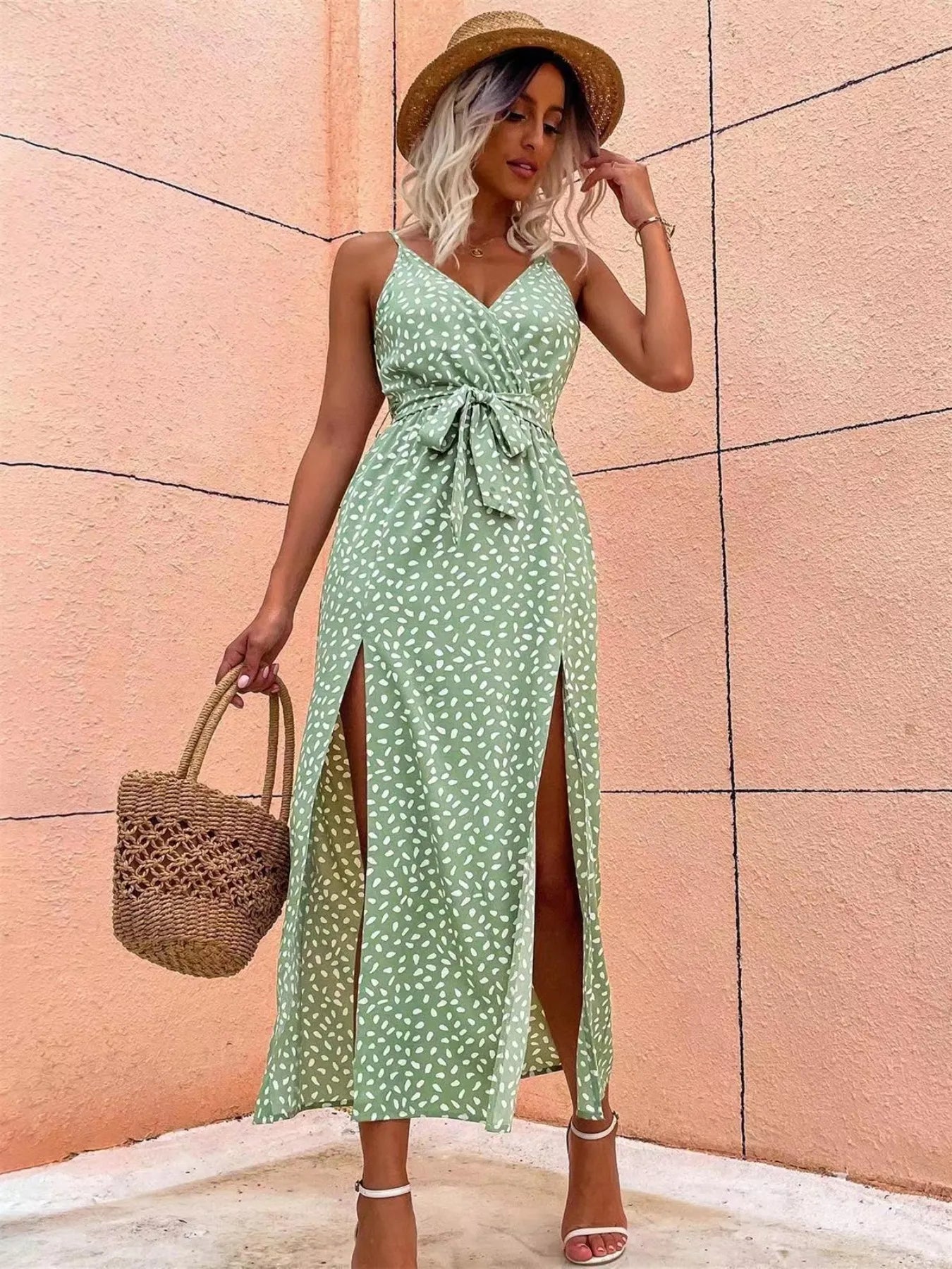 Slit Printed Surplice Midi Dress