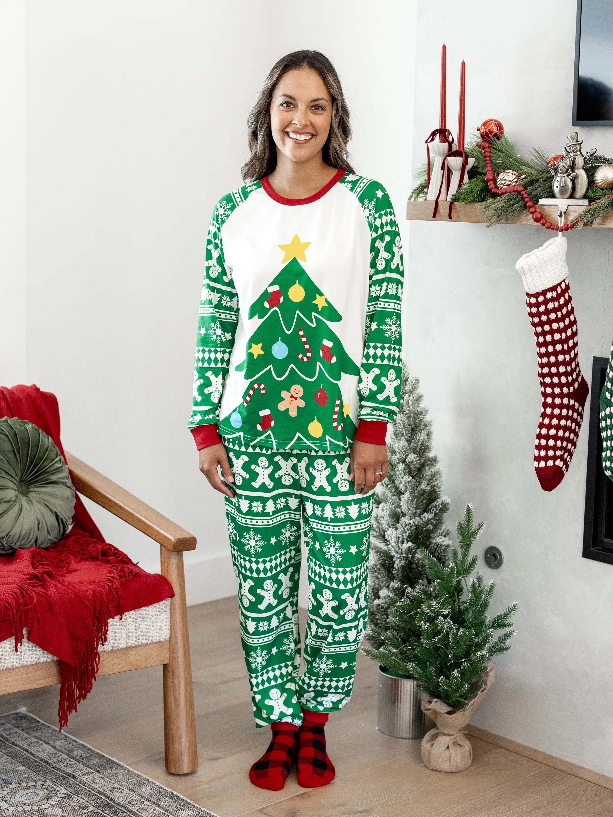 Christmas Matching Family Pajamas Set Gingerbread and Christmas Tree Print Green PJS with Christmas Socks Green