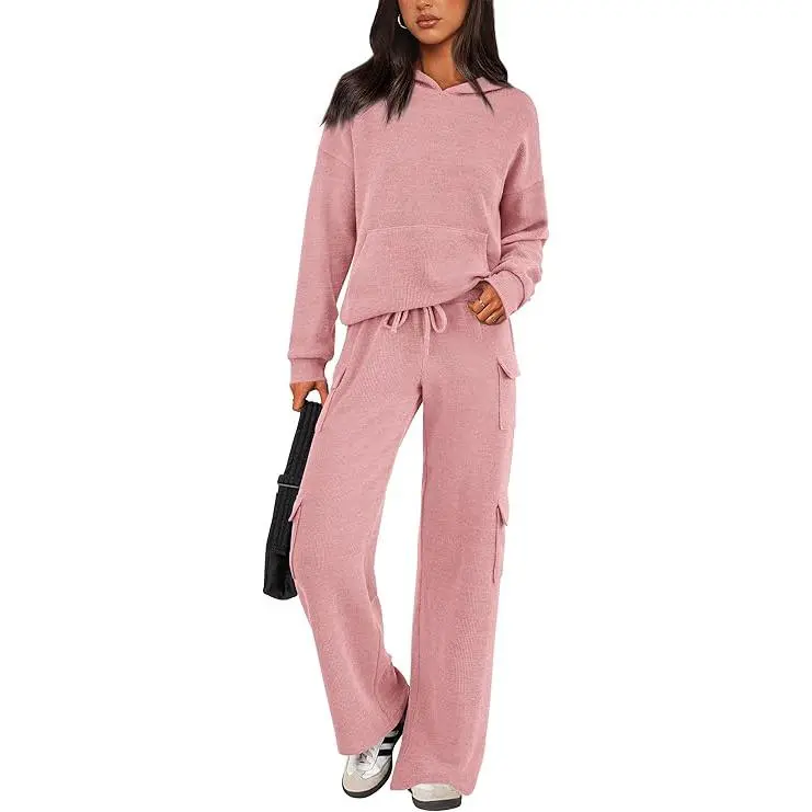 Women's Fall Knitted Hoodie Tracksuits Wide Leg Pants With Pocket Sets