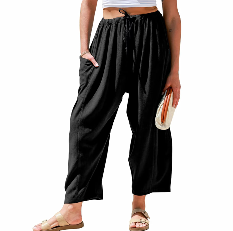 Women's Linen Casual Loose Fit Beach Palazzo Harem Trousers with Pockets