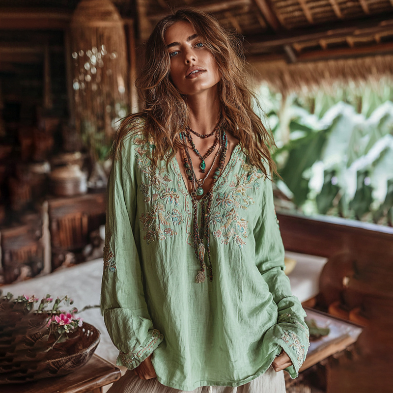 Women's Floral Printed Art V-neck Long Sleeve Tunic