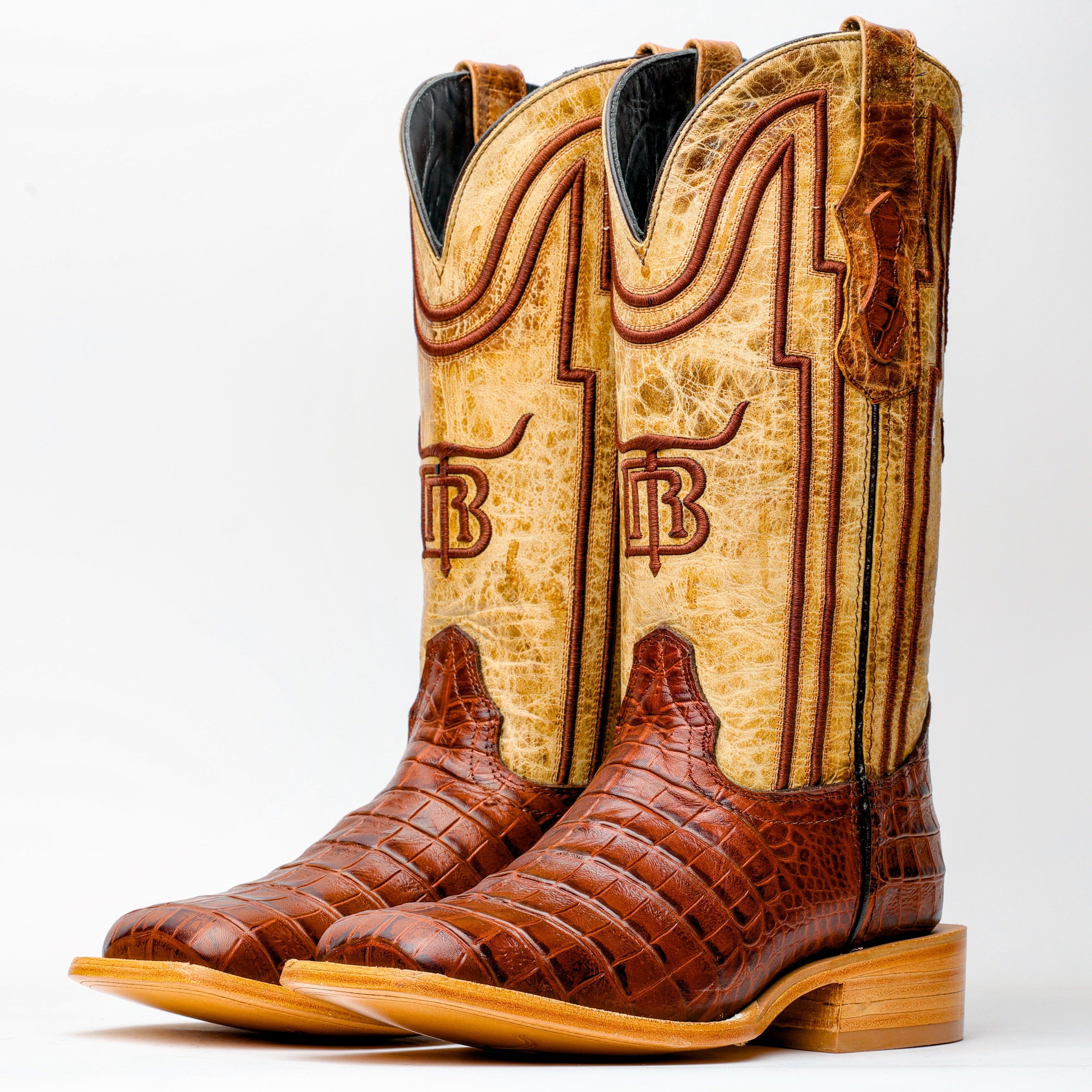 Cognac American Gator Belly Leather Boots - Square Toe