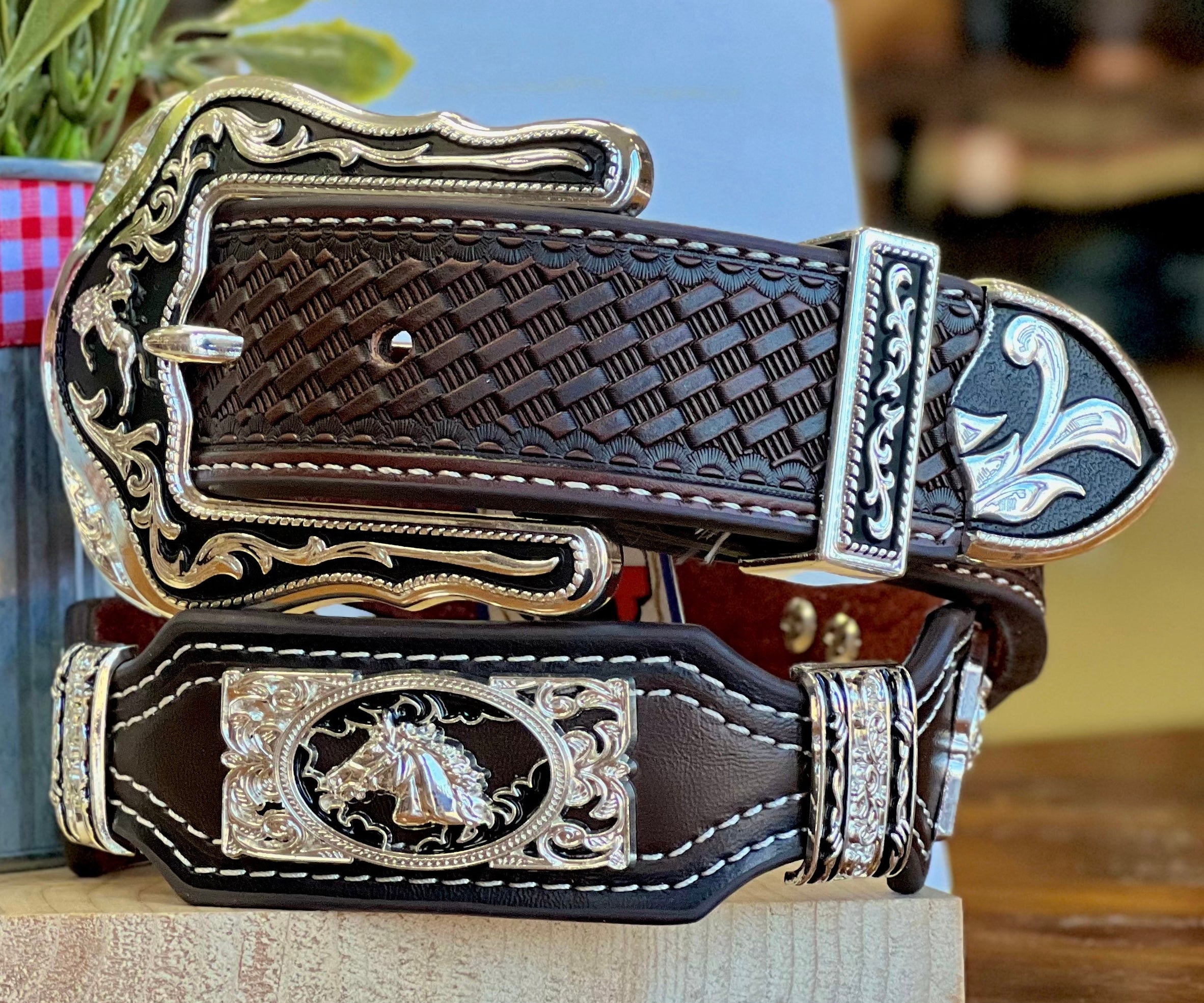 Men’s Brown And Black Leather Belt With Horse Concho